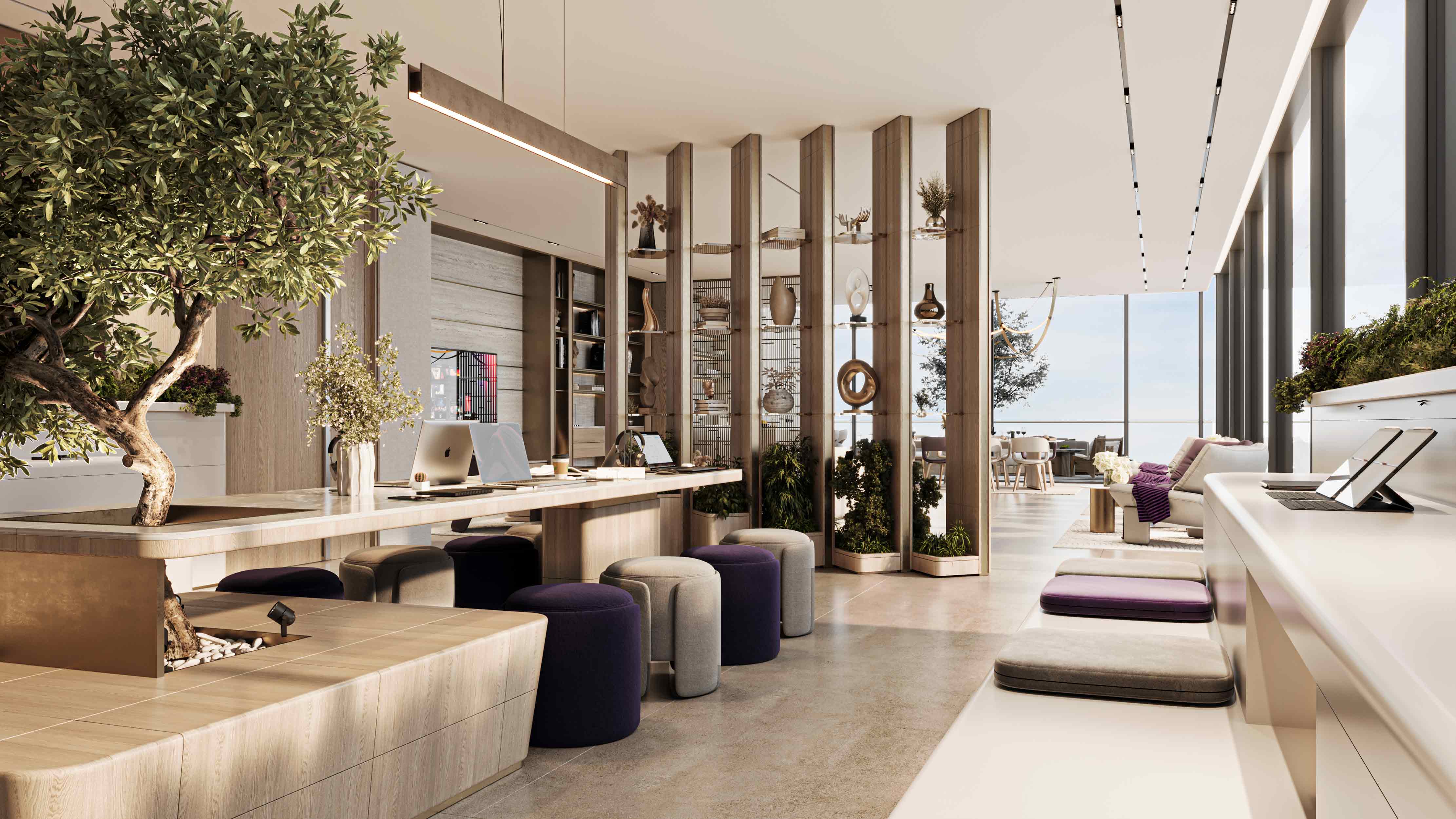 Le Blanc A modern, bright interior featuring a bar with plants, decorative shelves, and comfortable seating.